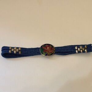 Vintage 80s Blue Woven belt with Floral Enamel Accent 29inch